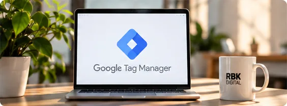Ноутбук із логотипом Google Tag Manager на екрані