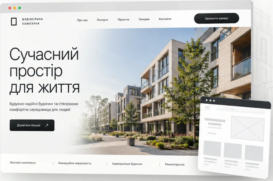 Макет сайту будівельної компанії у браузері та вайрфрейм сторінки